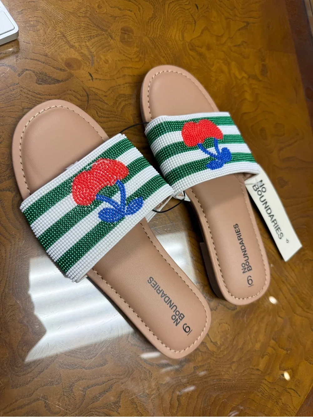 No Boundaries Pink Slide Sandals with Green Stripe and Red Cherry Embroidery
